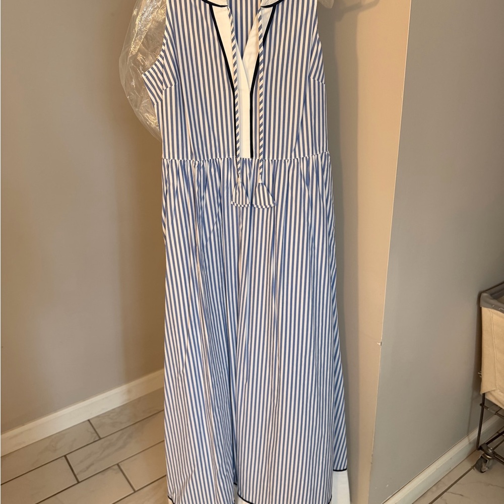 Vineyard Vines Blue and White Striped Long Dress with Navy Trim